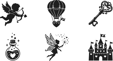 Fototapeta premium Fantasy and romance silhouette icons featuring cupid, hot air balloon, vintage key, magic potion, fairy, and a castle for whimsical wedding vector designs.