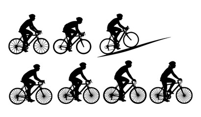 Obraz premium Cyclist silhouettes set with riders in racing climbing and casual biking poses isolated on white background