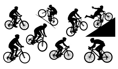Obraz premium Dynamic cyclist silhouette set with bicycle riders in racing downhill and freestyle poses isolated on white