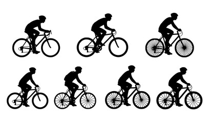 Obraz premium Minimal cycling silhouettes collection with bicycle riders in action and commuting poses isolated on white