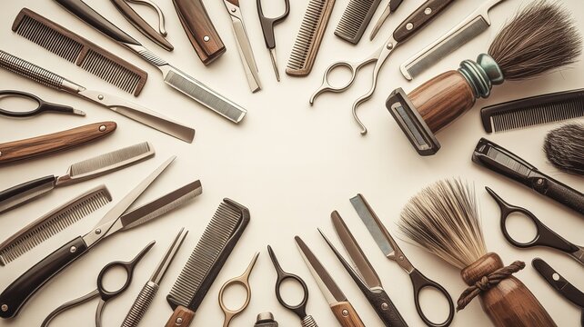 Barber tools and equipment arranged in a circle on a table including scissors combs brushes and razors for grooming and haircutting