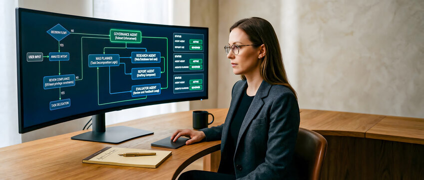Businesswoman analyzing payment gateway API flowchart on curved monitor in modern office