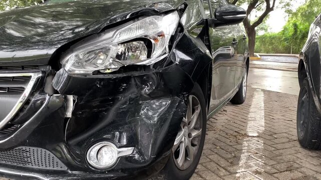 Car accident. A collision scar on the front of a car. A closeup of  car body deformation after the accident.