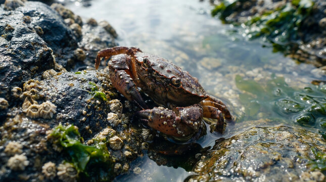 Tiny Crab resting on a wet rock in a tidal pool, sun and natural light on a warm day