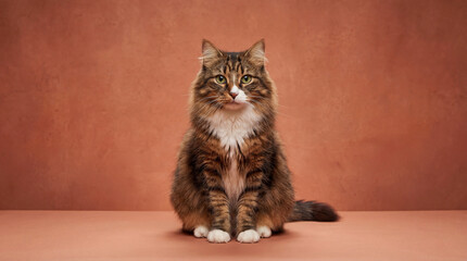 Obraz premium Charming domestic cat with expressive eyes sit alertly against a warm studio background with copy space