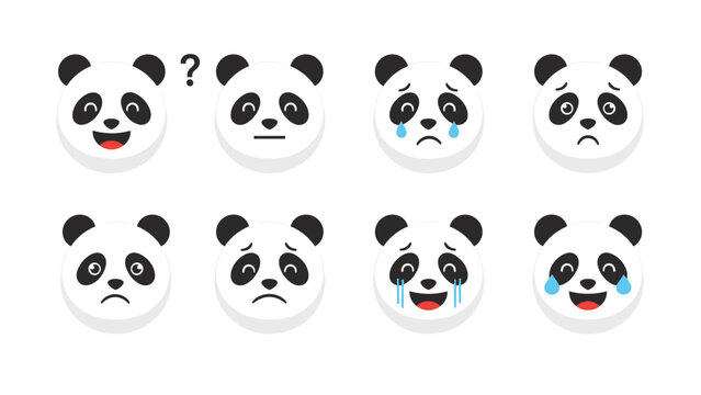 Collection of cute panda head emoji icons showing various emotions like happy, sad, crying, laughing, and confused.