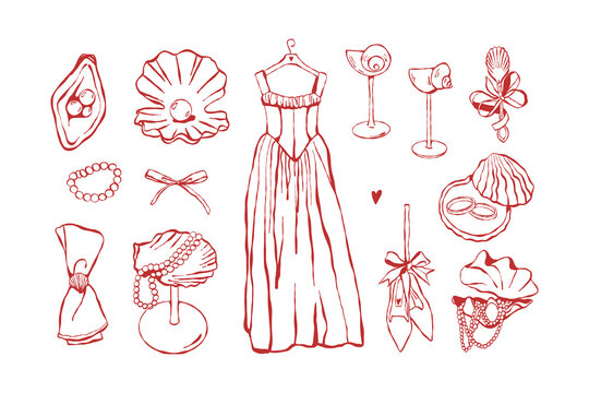 A set of vintage wedding accessories in a red outline style. Bows, shells, pearls, a wedding dress, and rings. Vector linear illustration. Sketch clip art