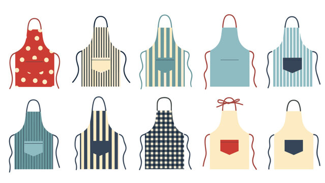 Set of ten stylish kitchen aprons in various patterns and colors including stripes polka dots and solids on a white background.