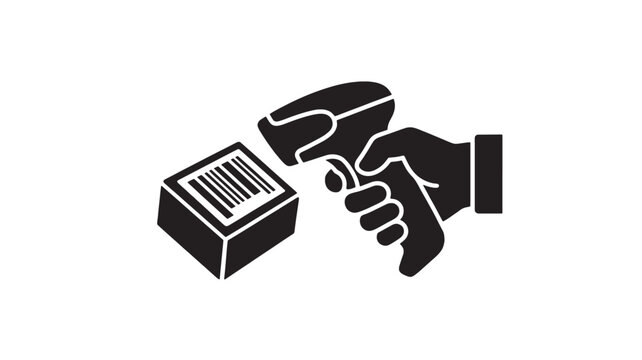 A hand holds a handheld scanner reading a barcode label on a small product box.