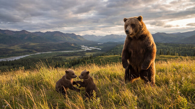 A Majestic Bear Stands Guard: Two Playful Cubs Romp in a Golden Meadow at Sunset