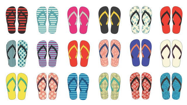 Set of eighteen colorful flip-flop sandals with various patterns and designs for summer beach and vacation themes.