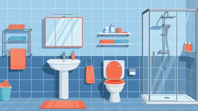 Blue themed bathroom interior featuring a glass shower cabin white pedestal sink toilet and orange towel accents on a tiled background.