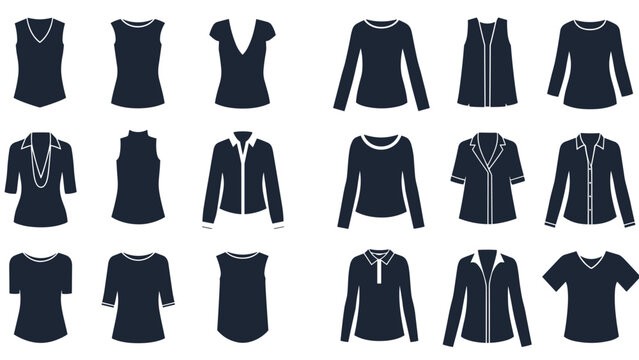 Large set of various women's top silhouettes including t-shirts blouses shirts and sleeveless vests in dark blue on a white background.