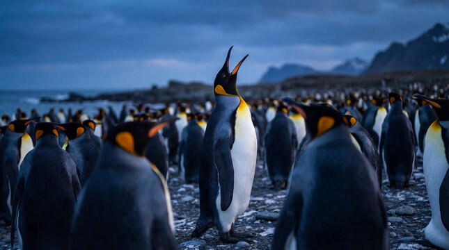 Majestic king penguin extends its beak to call out amidst a vast colony on a rocky beach at dusk