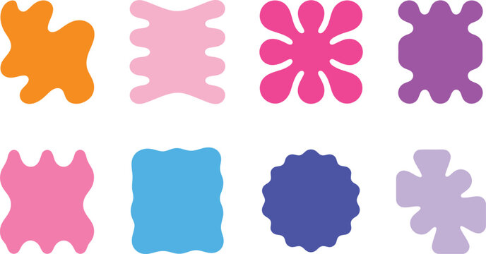 Eight colorful irregularly shaped fluid blobs are arranged across a bright white background