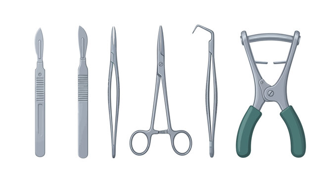 Surgical and Dental Instruments Set Vector Illustration - Scalpel, Forceps, Hemostat, Probe, Retractor for Medical Procedures