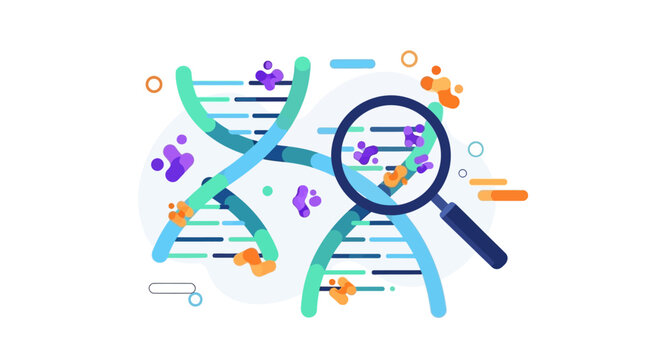 DNA Genetic Research, Analysis, and Discovery Concept with Magnifying Glass Illustration