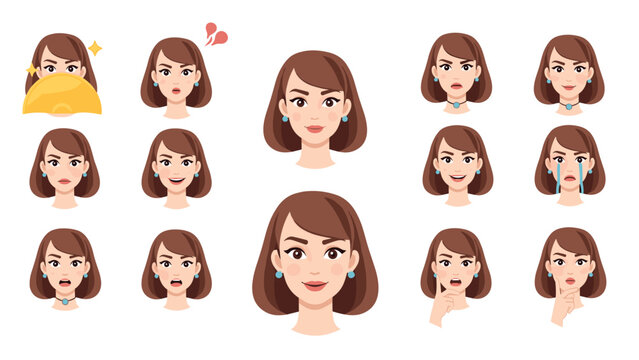Expressive character sheet of a young woman displays a wide range of facial expressions and emotions for use in animation and storytelling.