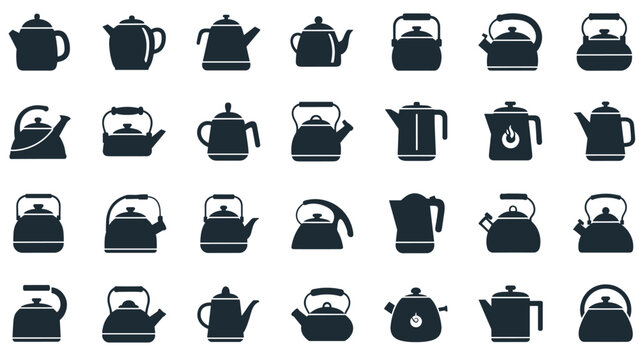 Large selection of teapot and kettle silhouettes displays many different classic and modern styles for kitchen and tea time graphic design.