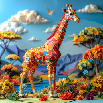 Colorful papercraft giraffe with a mosaic pattern in a low-poly, geometric style. Handmade origami wildlife art in a detailed diorama scene with a vibrant African savanna landscape and paper clouds.