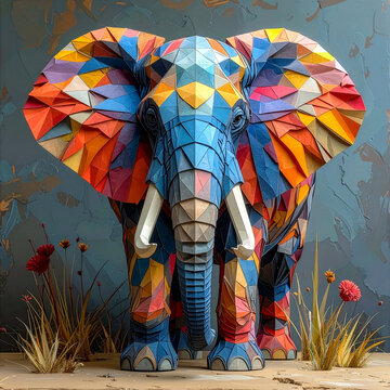 Colorful papercraft elephant sculpture in a low-poly, geometric style. A vibrant handmade origami animal model with a mosaic pattern, standing in a detailed, artistic diorama scene with flowers.
