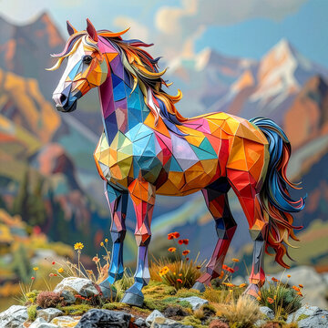 Colorful low-poly papercraft horse sculpture in a vibrant, geometric style. A majestic handmade origami animal model standing in a beautiful mountain landscape. Abstract, modern wildlife art concept.
