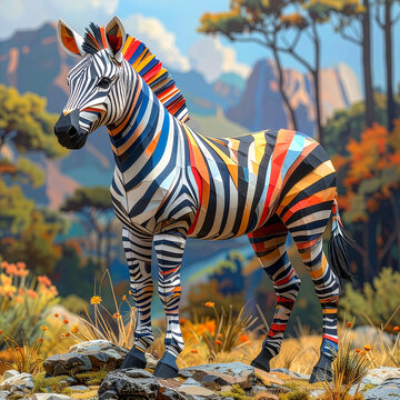 Vibrant papercraft zebra model with colorful stripes in a low-poly, geometric style. A unique handmade origami animal standing in a detailed African savanna landscape with an autumn feel.