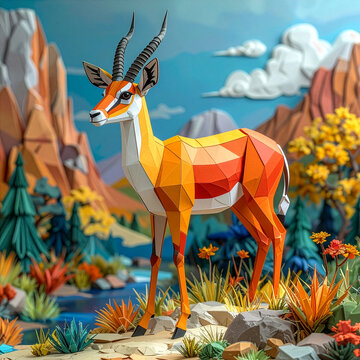 Vibrant papercraft antelope model in a colorful, low-poly style mountain landscape. Creative origami wildlife art in a detailed, handmade diorama scene with a river, trees, and an autumn feel.