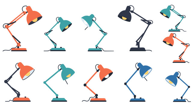 Grid of adjustable desk lamps in vibrant colors like orange and blue displays various positions and angles for office lighting solutions.