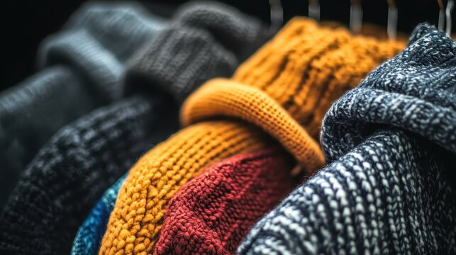 A cozy collection of vibrant knitted winter hats featuring intricate textures and warm colors.