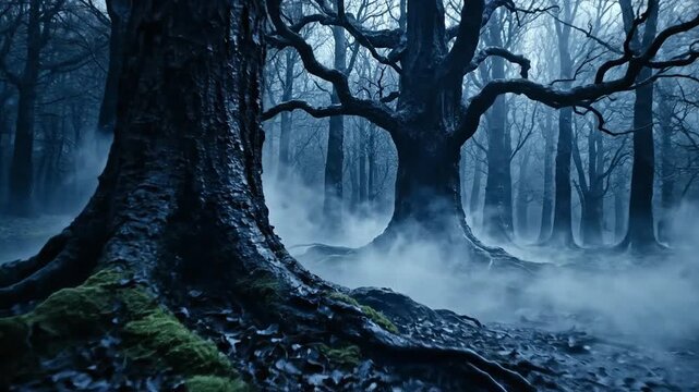 Mysterious ancient forest with gnarled trees and ethereal fog, spooky atmosphere