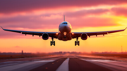 Naklejka premium commercial airplane taking off at sunrise
