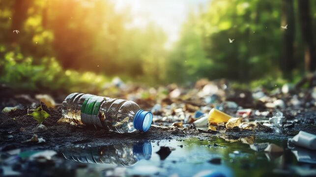 A single plastic bottle lying on the ground surrounded by litter in a natural forest environment with soft sunlight.