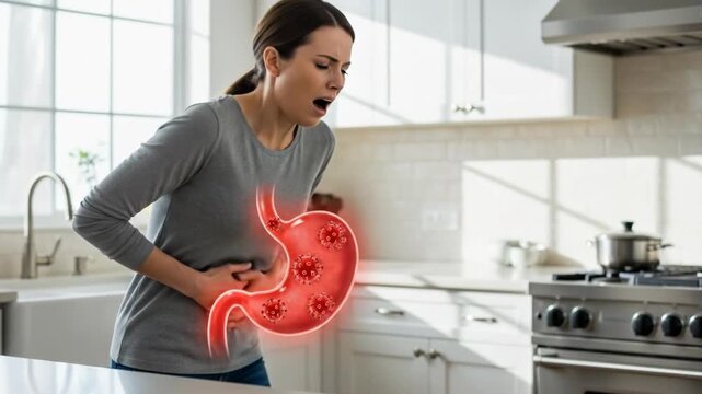Woman experiencing severe stomach pain and discomfort, visualizing internal issues like gastritis, ulcer, or reflux, with virus-like symbols indicating infection or inflammation