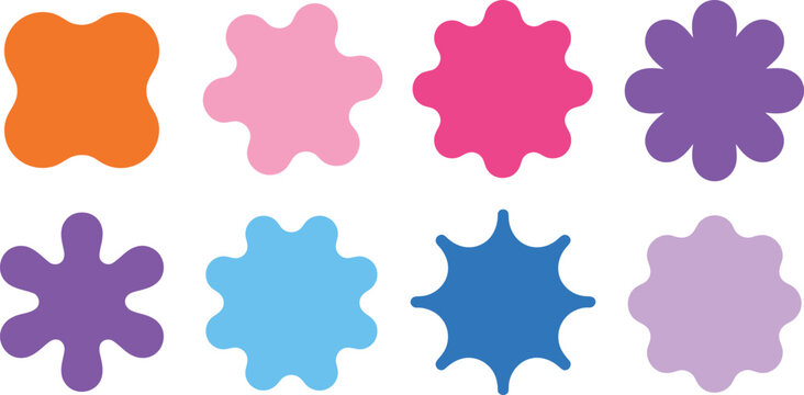 Set of eight colorful irregular organic shapes with spiky and rounded star like forms