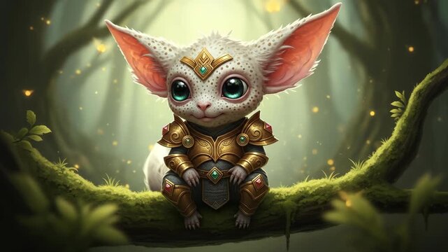 Enchanting Forest Guardian Creature Sitting on a Mossy Branch.