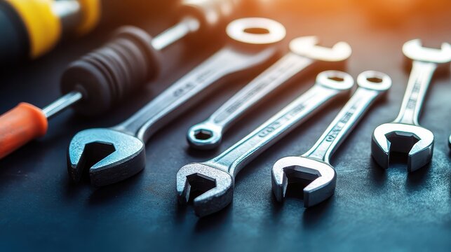 Close-up of assorted industrial wrenches and tool components on a workshop surface under studio lighting