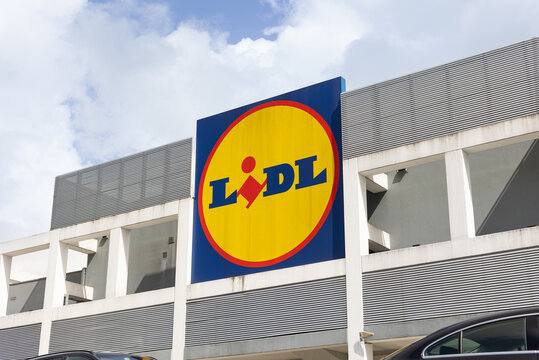 2026-0325 Lisboa, Portugal Lidl supermarket logo on store facade in Portugal. Exterior view of retail building with brand signage.