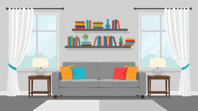 Modern living room interior design featuring a comfortable sofa, bookshelves with colorful volumes, windows, and decorative lamps.