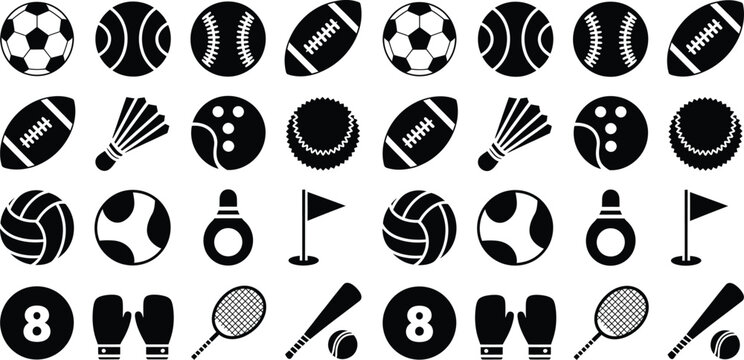 Diverse sports icons collection: soccer, tennis, football, badminton, bowling, golf, volleyball, boxing