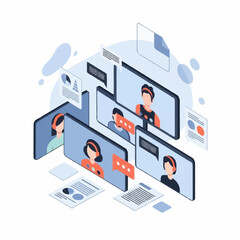 Isometric illustration of a virtual meeting with multiple participants on screens, documents, and chat bubbles. © Bunga