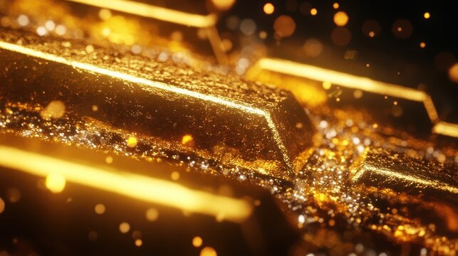 Abundant golden bars with sparkling particles, representing wealth and financial investment opportunities