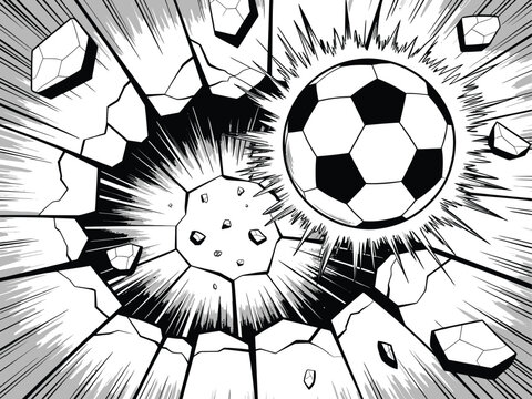 Dramatic soccer ball breaking through wall with speed lines, dynamic action illustration
