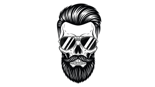 Stylized hipster skull illustration featuring trendy pompadour hairstyle thick beard groomed mustache and aviator sunglasses for barber shop.