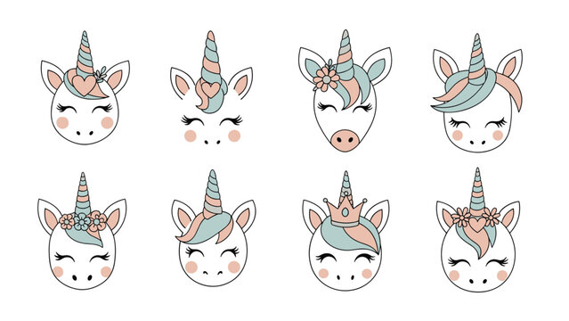 Collection of cute unicorn face icons with different floral crowns hearts and tiaras for children party decorations and nursery wall art.