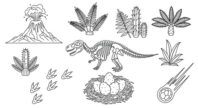 A dinosaur skeleton stands near its nest with eggs, surrounded by various prehistoric plants and a volcano erupting in the background.