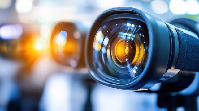 Close-up view of a professional camera lens with intricate details and reflections, showcasing advanced optical technology.