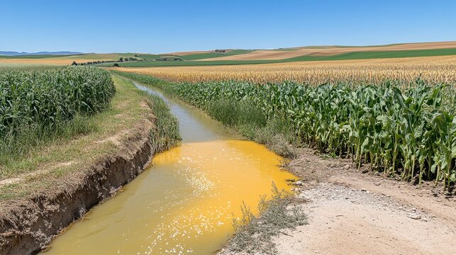 Agricultural pollution with yellow runoff and chemical residue flowing through a farm ditch near cornfields under a clear blue sky