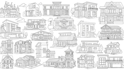 Naklejka premium Large collection of diverse architectural house sketches featuring different building styles from classic to modern and suburban homes.