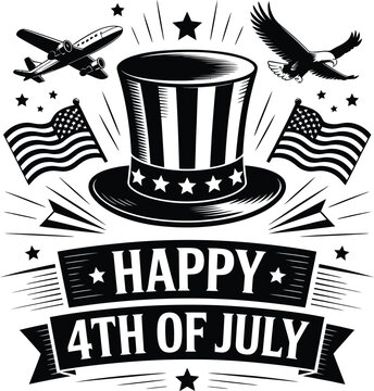 Happy 4th of july uncle sam hat design with flag, eagle, and airplane, independence day